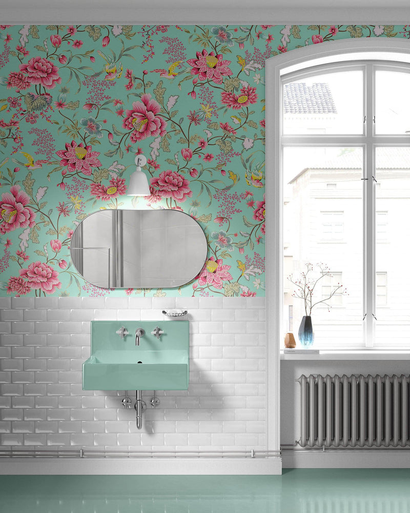 Mint Color Flower Pattern Wall Mural. Tropical Botanical Floral Peel and Stick Wallpaper.