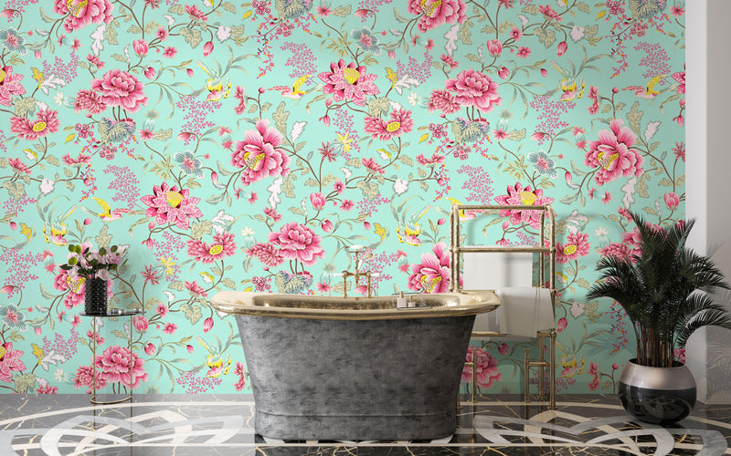 Mint Color Flower Pattern Wall Mural. Tropical Botanical Floral Peel and Stick Wallpaper.