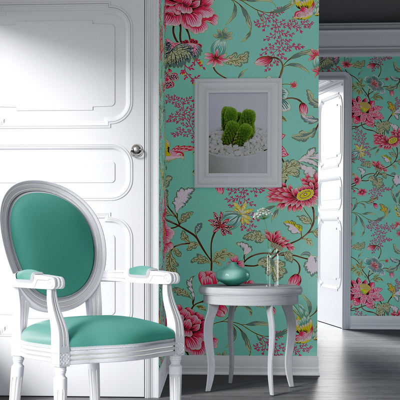 Mint Color Flower Pattern Wall Mural. Tropical Botanical Floral Peel and Stick Wallpaper.