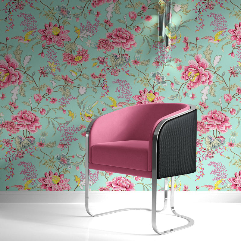 Mint Color Flower Pattern Wall Mural. Tropical Botanical Floral Peel and Stick Wallpaper.