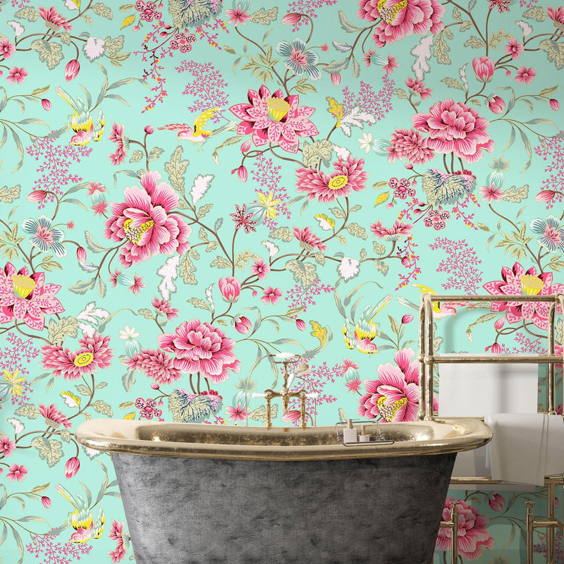 Mint Color Flower Pattern Wall Mural. Tropical Botanical Floral Peel and Stick Wallpaper.