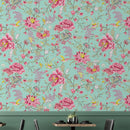 Mint Color Flower Pattern Wall Mural. Tropical Botanical Floral Peel and Stick Wallpaper.