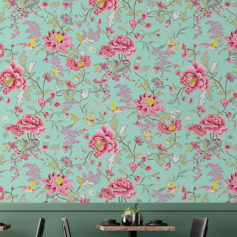 Mint Color Flower Pattern Wall Mural. Tropical Botanical Floral Peel and Stick Wallpaper.