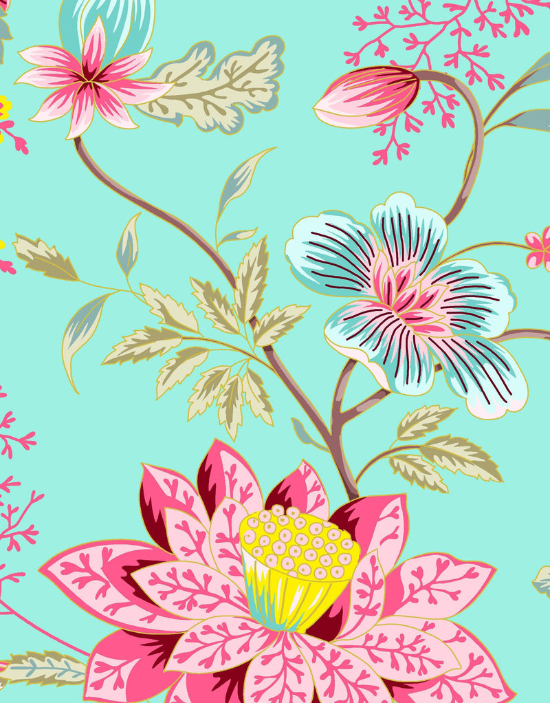 Mint Color Flower Pattern Wall Mural. Tropical Botanical Floral Peel and Stick Wallpaper.