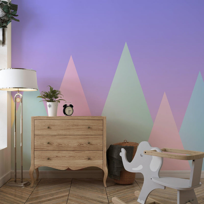 Geometric Triangular Mountain Wall Mural. Pastel Color Peel and Stick Wallpaper.