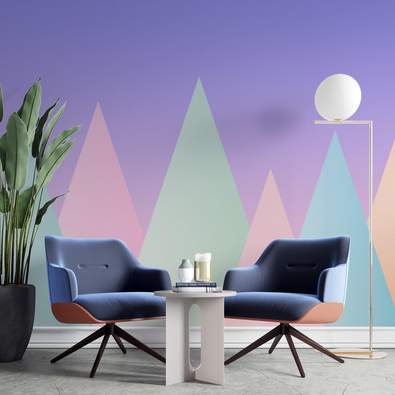 Geometric Triangular Mountain Wall Mural. Pastel Color Peel and Stick Wallpaper.