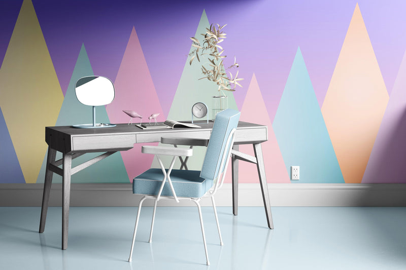 Geometric Triangular Mountain Wall Mural. Pastel Color Peel and Stick Wallpaper.