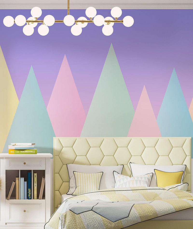 Geometric Triangular Mountain Wall Mural. Pastel Color Peel and Stick Wallpaper.