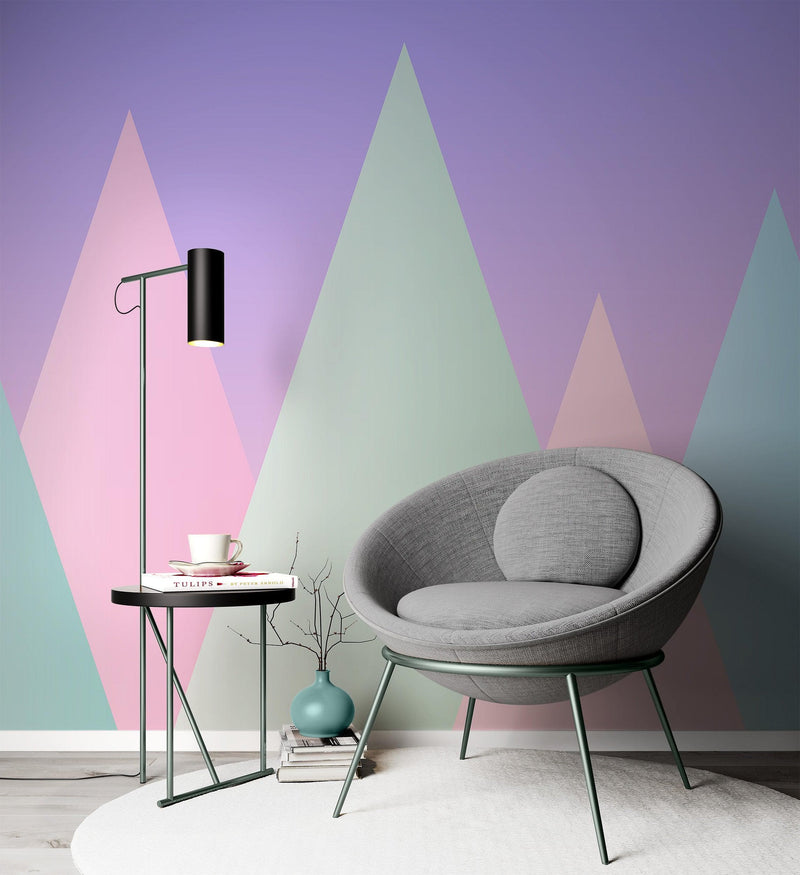 Geometric Triangular Mountain Wall Mural. Pastel Color Peel and Stick Wallpaper.