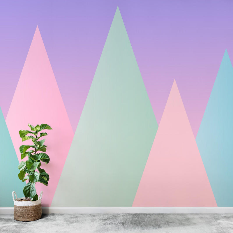 Geometric Triangular Mountain Wall Mural. Pastel Color Peel and Stick Wallpaper.