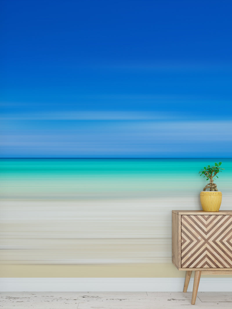 Tropical Beach Wall Mural. Abstract Blur View of Coastline Peel and Stick Wallpaper.