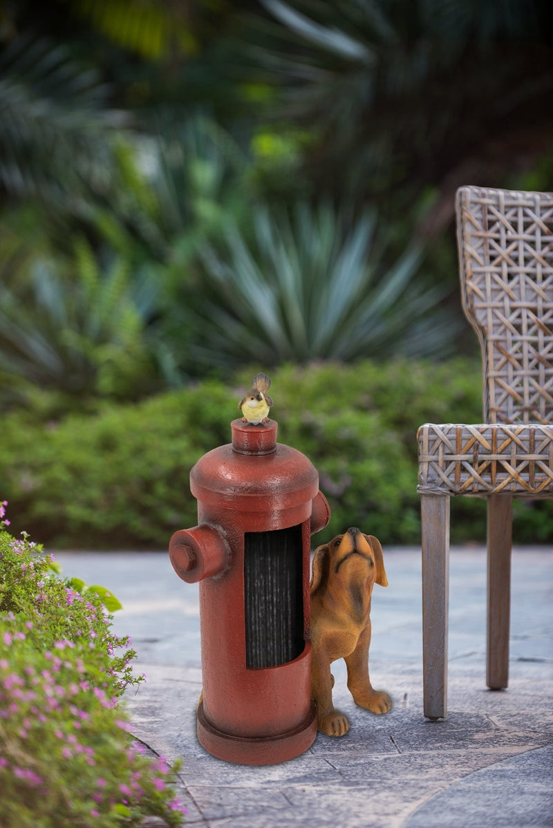 16.2x11x26.8" Red Fire Hydrant Water Fountain with Dog and Bird Accents, Outdoor Fountian with Light and Pump