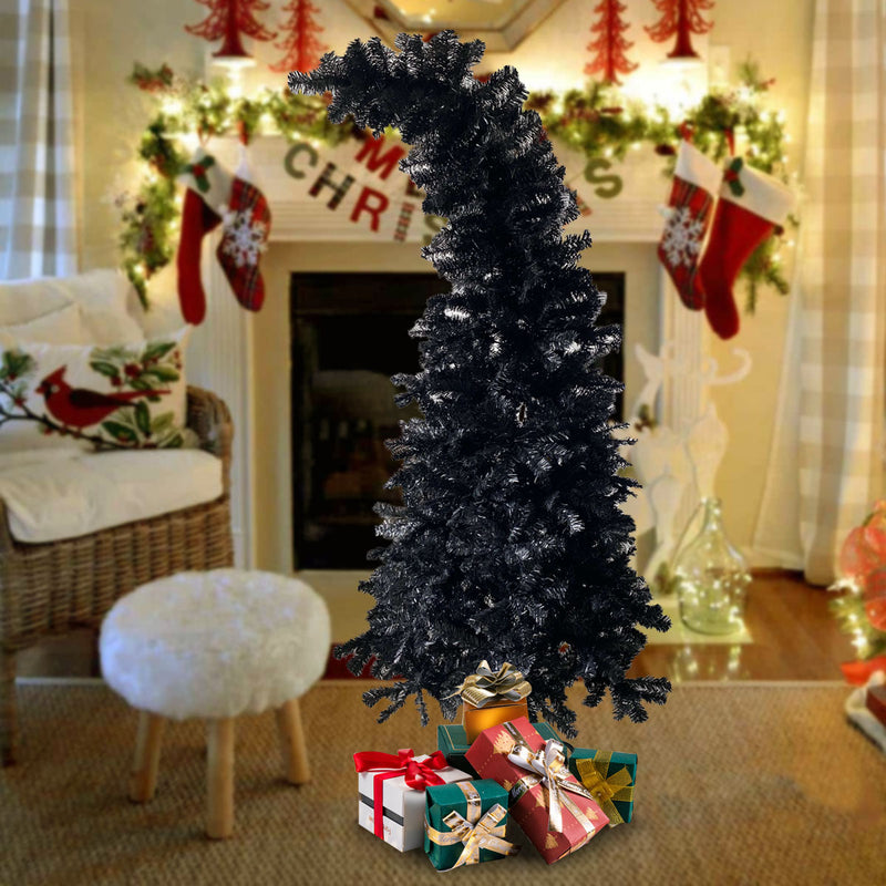 6.9ft Black Bendable Santa Hat Style Halloween Tree Artificial Christmas Tree Xmas, 1050 Branch Tips, Metal Frame