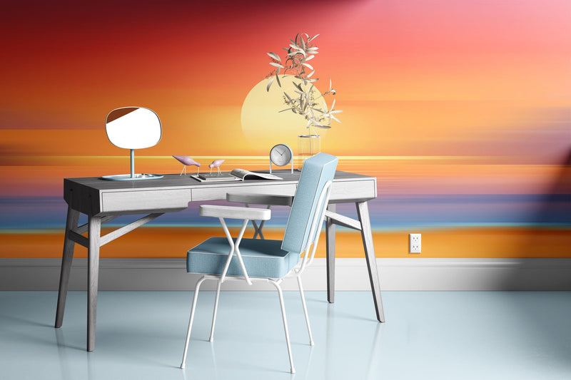 Orange Sunset Over Beach Wall Mural. Blurred Abstract Sunset Over Coastline.