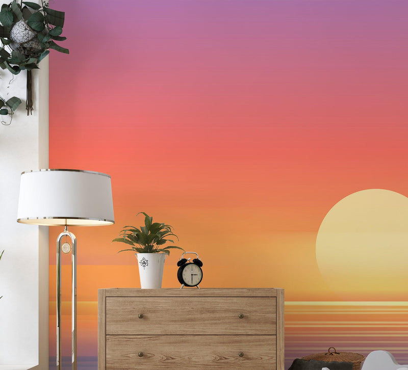 Orange Sunset Over Beach Wall Mural. Blurred Abstract Sunset Over Coastline.