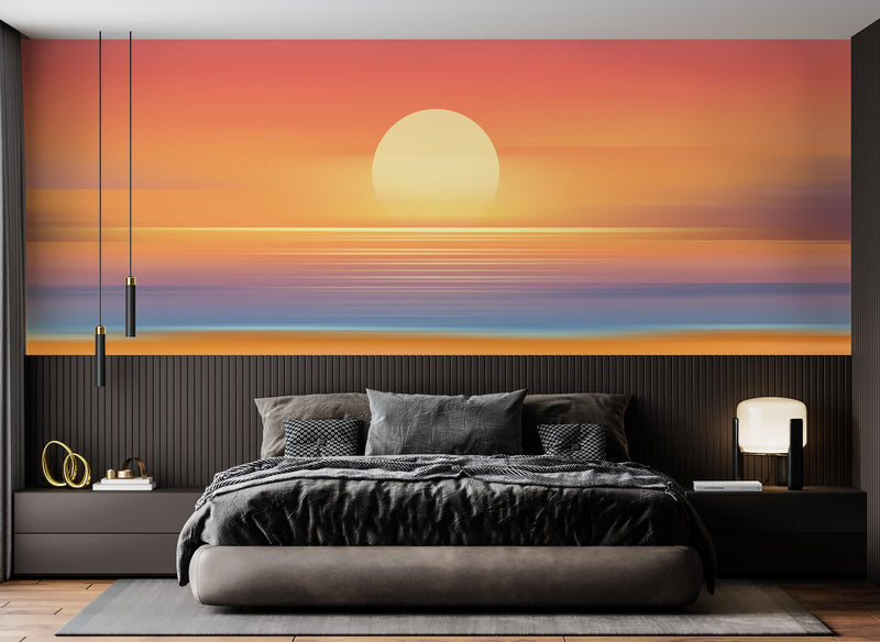 Orange Sunset Over Beach Wall Mural. Blurred Abstract Sunset Over Coastline.