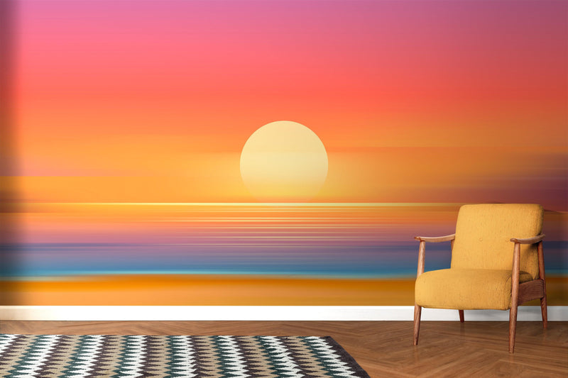 Orange Sunset Over Beach Wall Mural. Blurred Abstract Sunset Over Coastline.