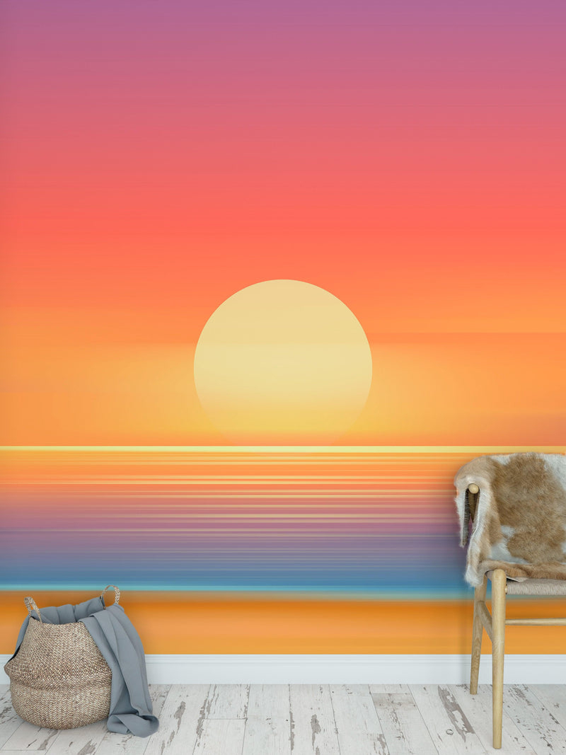 Orange Sunset Over Beach Wall Mural. Blurred Abstract Sunset Over Coastline.