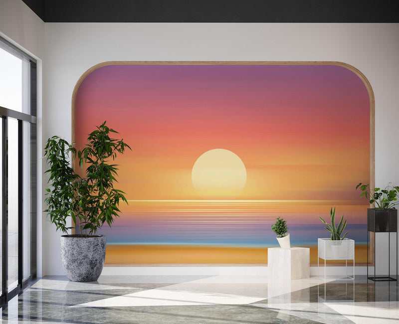 Orange Sunset Over Beach Wall Mural. Blurred Abstract Sunset Over Coastline.