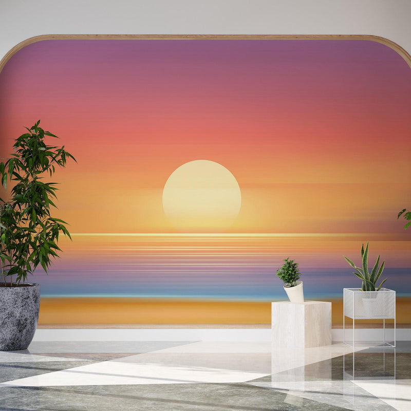 Orange Sunset Over Beach Wall Mural. Blurred Abstract Sunset Over Coastline.