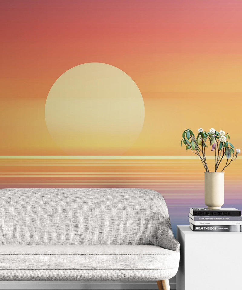 Orange Sunset Over Beach Wall Mural. Blurred Abstract Sunset Over Coastline.