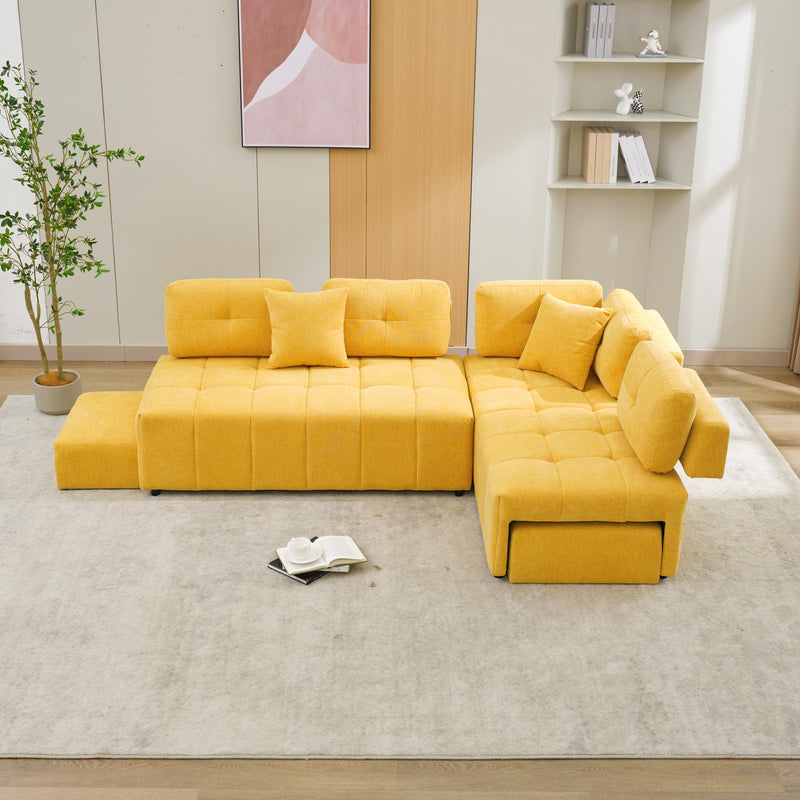 91.73" L-shaped Sofa Sectional Sofa Couch with 2 Stools and 2 Lumbar Pillows for Living Room, Yellow