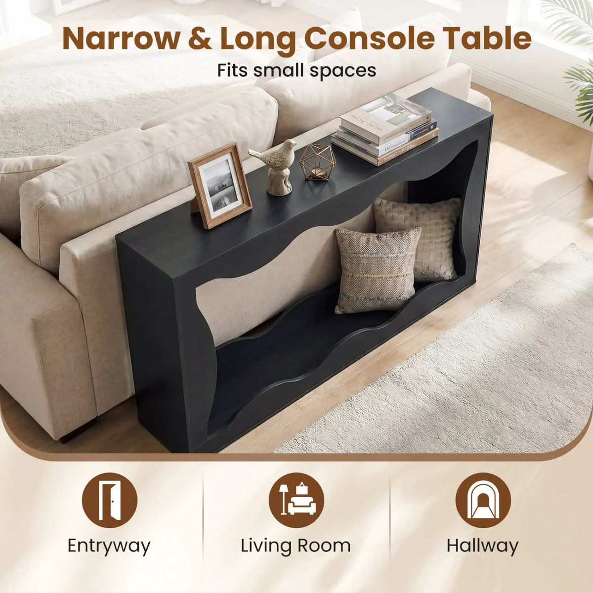 63 Inch Console Table 2-Tier Narrow Entryway Table with Wavy Edge Storage Shelf, photo 7 of 16
