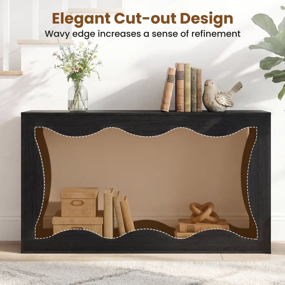 63 Inch Console Table 2-Tier Narrow Entryway Table with Wavy Edge Storage Shelf, photo 8 of 16
