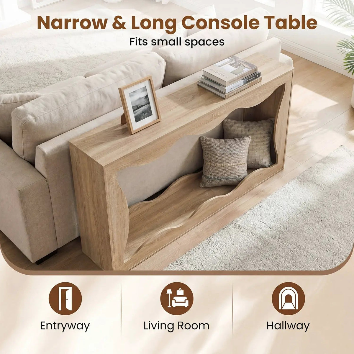 63 Inch Console Table 2-Tier Narrow Entryway Table with Wavy Edge Storage Shelf, photo 14 of 16