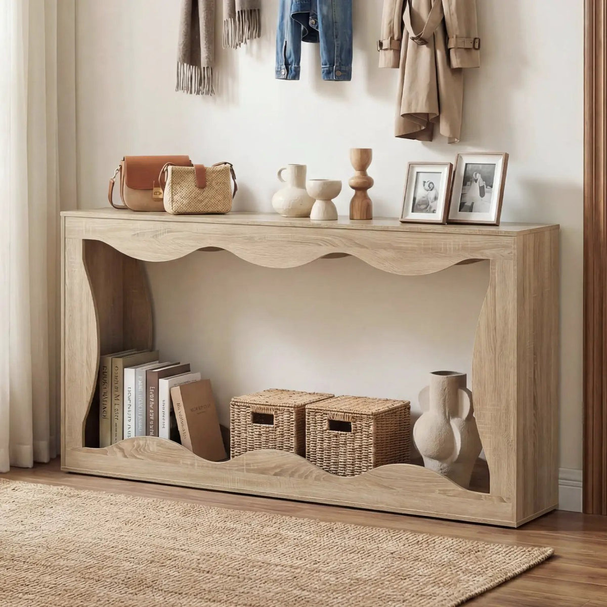 63 Inch Console Table 2-Tier Narrow Entryway Table with Wavy Edge Storage Shelf, photo 10 of 16