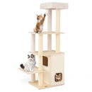 63 Inch Tall Wooden Cat Tree with 2-Story Condo and Plush Padded Top Perch-Natural by LJGDeals