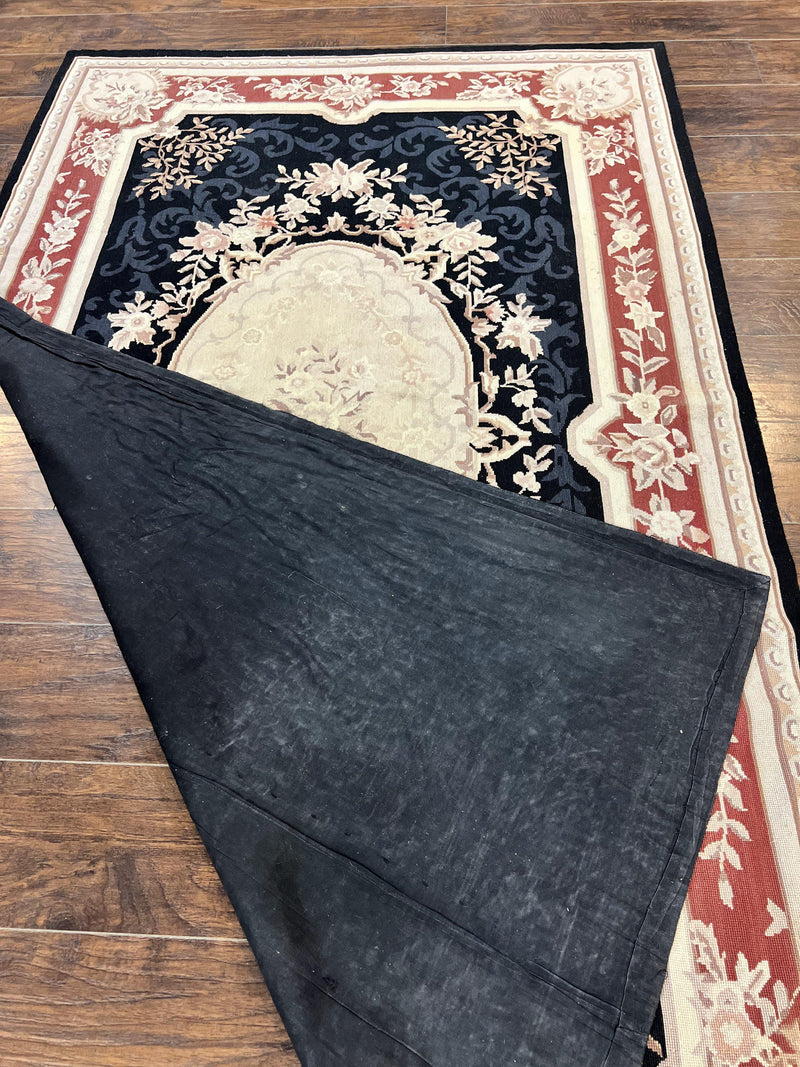 Needlepoint Rug 5x8, Wool Handmade Vintage European Design Carpet, Black & Maroon, French Aubusson Pattern Flatweave Rug