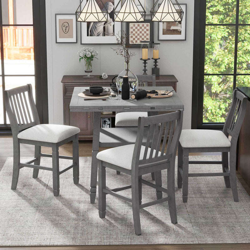 5-Piece Counter Height Dining Table Set in 2 Table Sizes with 4 Folding Leaves and 4 Upholstered Chairs for Dining Room (Gray+Beige Cushion)