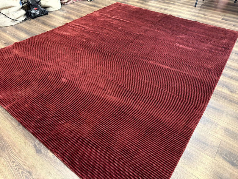 Modern Tibetan Rug 8x10, Red, Stripes, Handmade Wool Thick Pile Carpet
