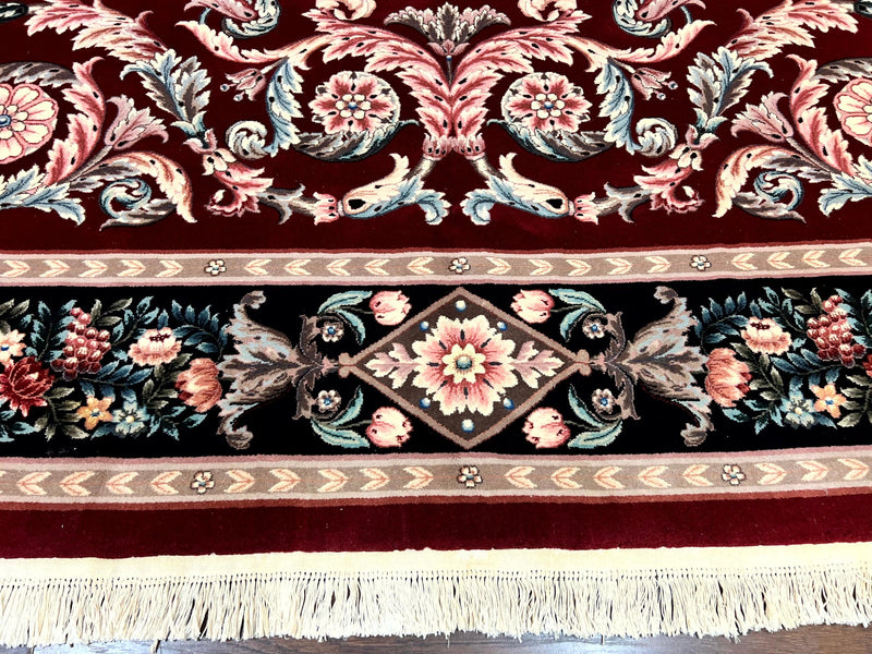 Chinese Aubusson Rug 9x12, Burgundy, Handmade Vintage Wool Carpet, Fine 210 KPSI, Elegant European Design