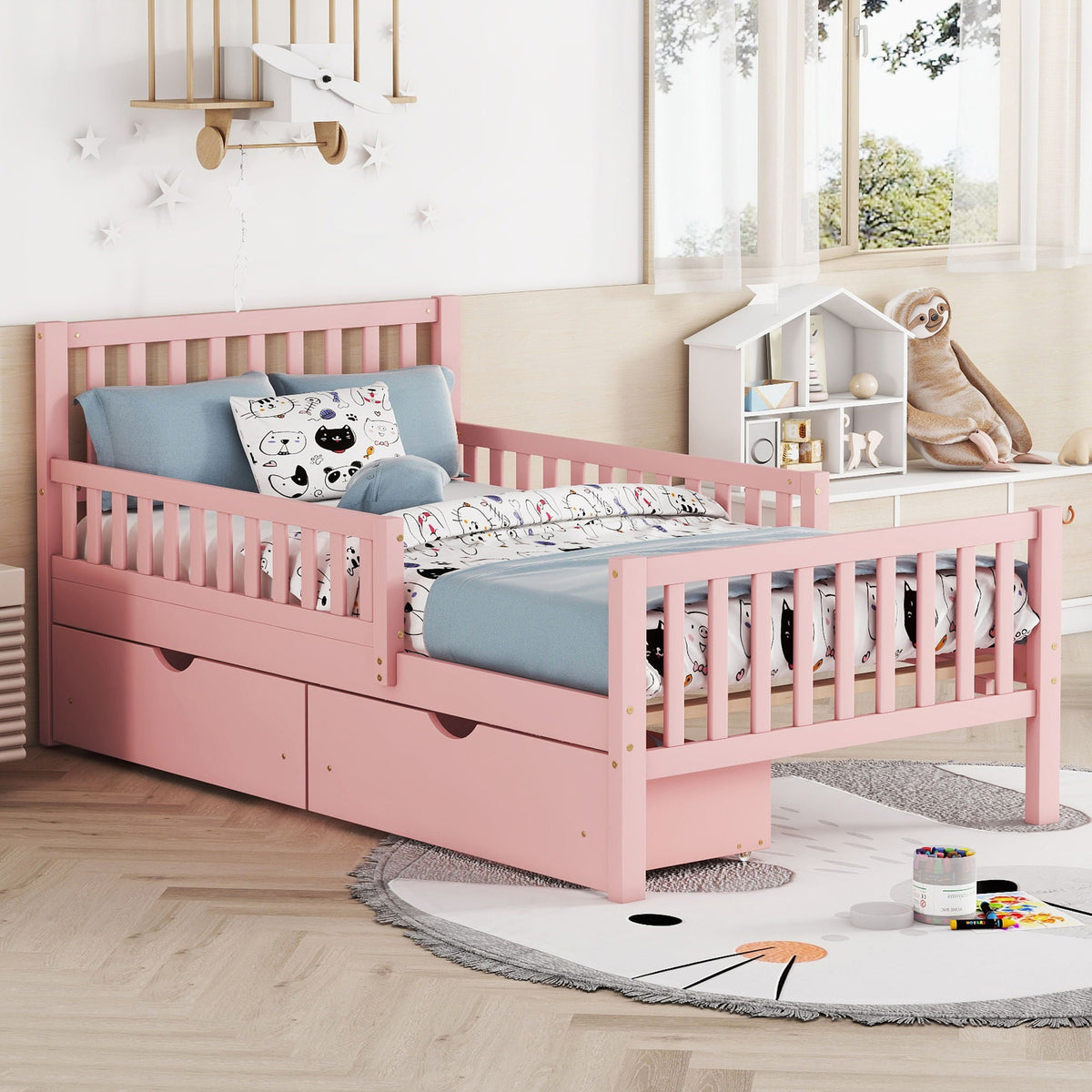 Platform Bed With Guardrails On Both Sides And 2 Storage Drawers, photo 33 of 40