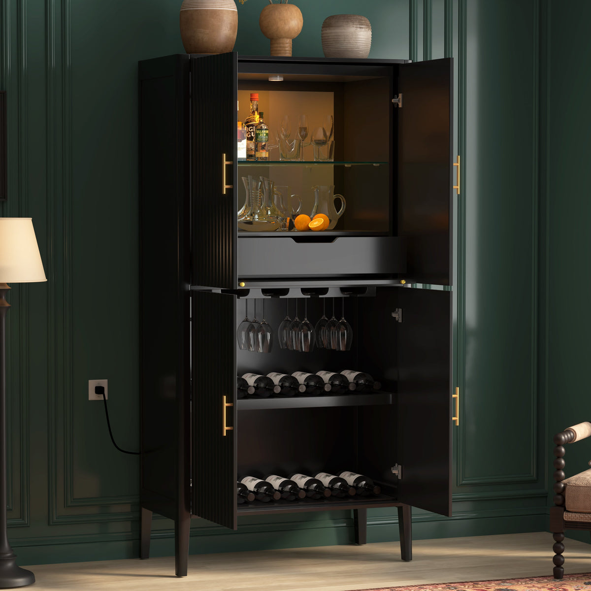 U_STYLE Modern Fluted Wine Cabinet with Glass Display & Stemware Rack, photo 3 of 10