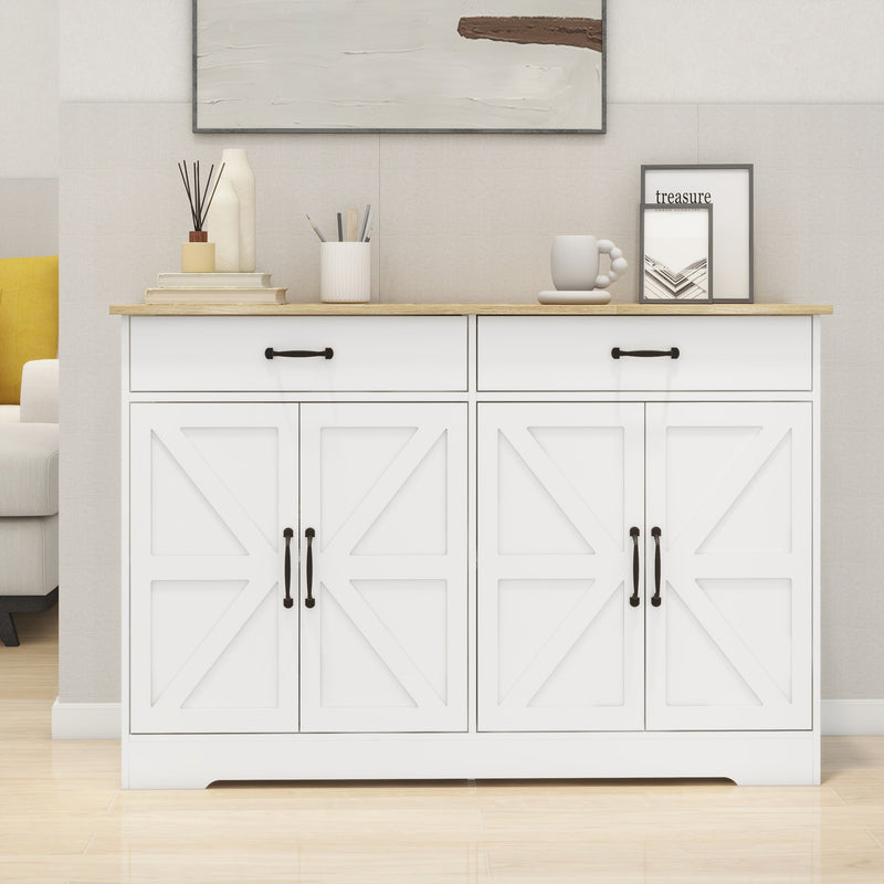 47.95" Farmhouse Buffet Cabinet Storage Sideboard with 2 Drawers and 4 Doors for Dining Living Room Kitchen Cupboard-White