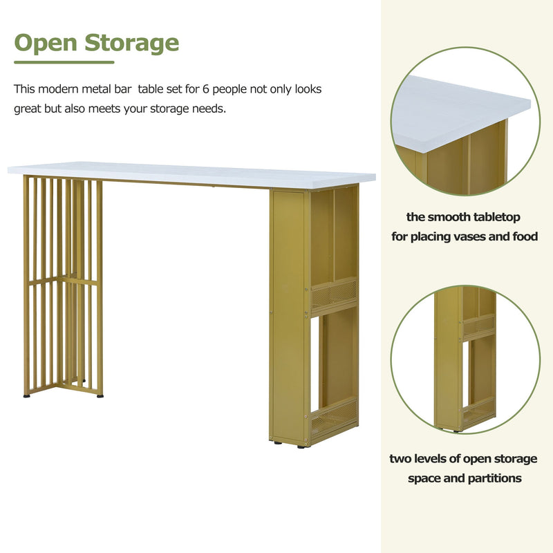 7-Piece Multi-Functional Modern Counter Height Dining Bar Table Set with Open Shelves and 6 Upholstered Stools for Dining Room, Bar and Cafe (White and Green)