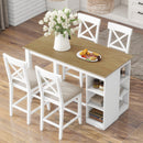 60"Lx30"W Solid Wood Farmhouse Counter Height Dining Table Set with 3-Tier Storage Shelves, Upholstered Dining Chairs for 4, 5-Piece, White