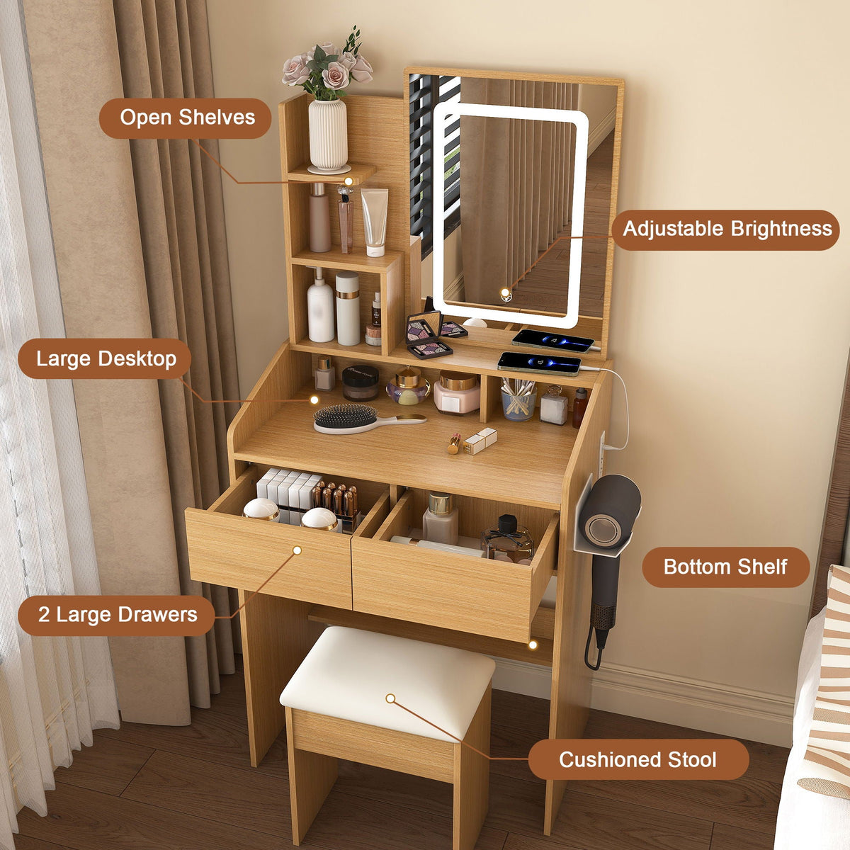 Vanity Table With LED Mirror, Power Outlet, Hairdryer Holder & Padded Stool, Compact Dressing Desk For Small Bedrooms - Wood, photo 3 of 7