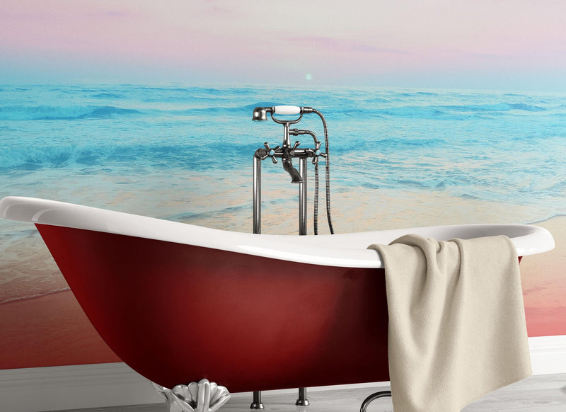 Pastel Color Sunset over the Ocean Horizon Wall Mural. Beach Theme Peel and Stick Wallpaper.