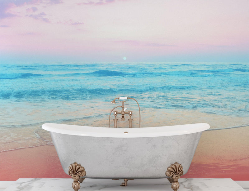 Pastel Color Sunset over the Ocean Horizon Wall Mural. Beach Theme Peel and Stick Wallpaper.