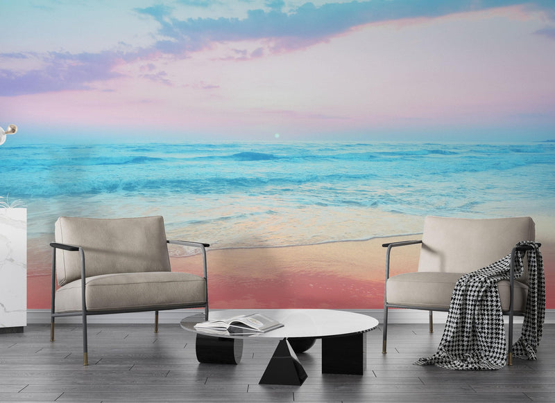 Pastel Color Sunset over the Ocean Horizon Wall Mural. Beach Theme Peel and Stick Wallpaper.