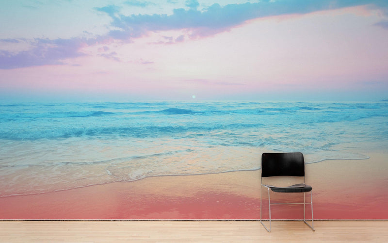 Pastel Color Sunset over the Ocean Horizon Wall Mural. Beach Theme Peel and Stick Wallpaper.