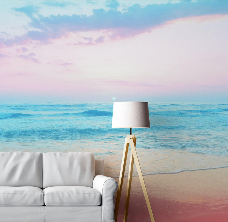 Pastel Color Sunset over the Ocean Horizon Wall Mural. Beach Theme Peel and Stick Wallpaper.