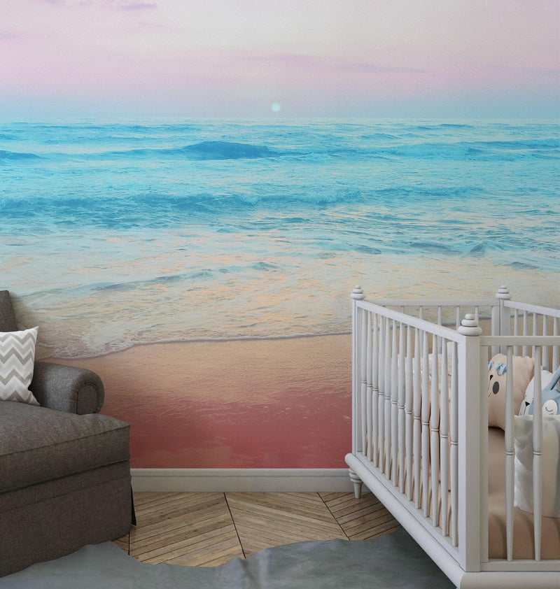 Pastel Color Sunset over the Ocean Horizon Wall Mural. Beach Theme Peel and Stick Wallpaper.