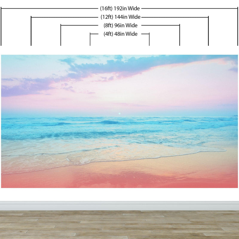 Pastel Color Sunset over the Ocean Horizon Wall Mural. Beach Theme Peel and Stick Wallpaper.