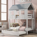 Twin Size House Bunk Bed With Trundle, Roof And Windows - White / Gray by HouseOfZazla