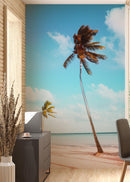 Palm Tree on Beach Coastline Wall Mural. Tropical Theme Peel and Stick Wallpaper Decor.